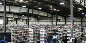 textbooks on a lot of shelves
